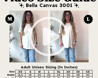 May include: A size chart for Bella Canvas 3001 unisex t-shirts, showing the width and length measurements in inches for sizes XS to 4X. The chart is displayed on a white background with a model wearing a white t-shirt in sizes M and L.