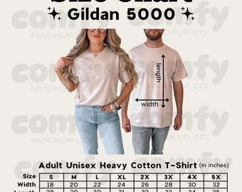 May include: Size chart for Gildan 5000 unisex heavy cotton t-shirts in sizes S through 5X. The chart shows width and length measurements in inches.