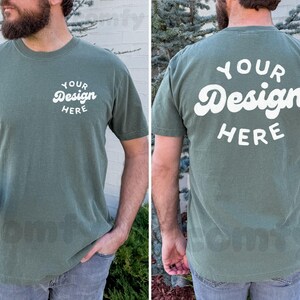 Comfort Colors 1717 Moss Front and Back T-shirt Mockup Men, 1717 Mens T Shirt Mock-up, Real Model Mock, 1717 Shirt Mockup Men Moss Green