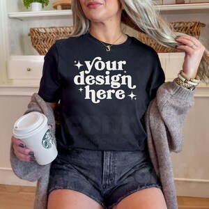 Bella Canvas 3001 Black Tshirt Mockup, 3001 Womens T-shirt Mock-up, Real Model Mock, Female BC3001 Black Shirt Mockup Front Mock Tee 3001