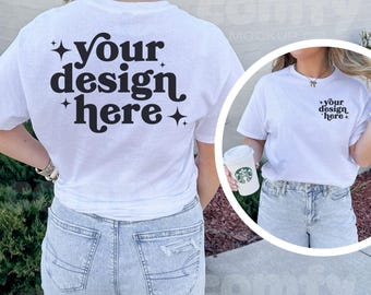 Gildan 5000 White T-shirt Front & Back Mockup, G5000 T-shirt Mock-up, Real Model Mock, Women G500 White Mockup Front Back, Gildan White Mock