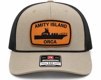 Amity Island ORCA Trucker Hat | Jaws Inspired Richardson 112 Snapback | Leather Movie Patch Cap | Shark Fishing  Hat | Gift for Film Fans