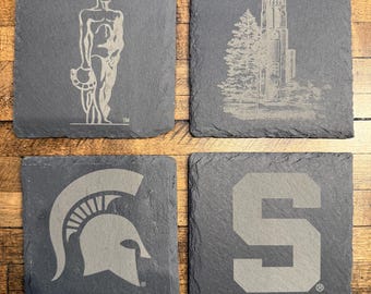 Michigan State Spartans Slate Coaster Set | MSU Alumni Gift | East Lansing Go Green Home Decor