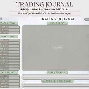 Diario de trading rellenable en PDF / Registro de operaciones de Forex, acciones y criptomonedas / A4 y carta EE. UU. / Tema gris