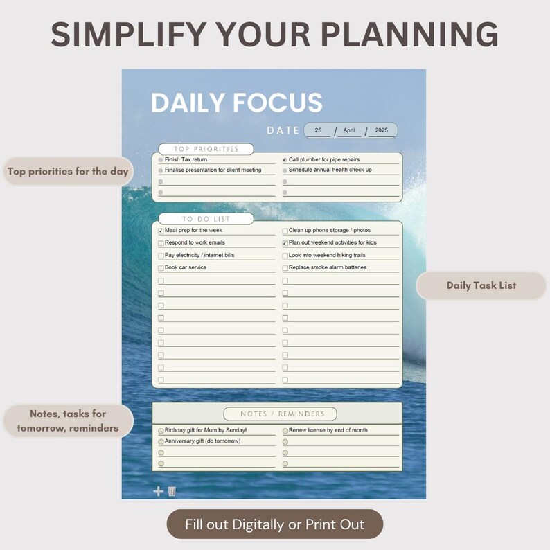 Daily Focus Planner | Printable Fillable PDF, Wave Theme (A4, A5, US ...