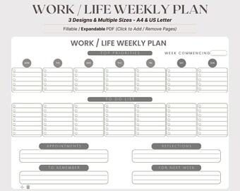Work Life Weekly Planner | Fillable PDF, A4 & US Letter