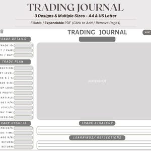 Diario de trading rellenable en PDF / Registro de operaciones de Forex, acciones y criptomonedas / Tamaño A4 y carta EE. UU. / Tema en blanco y negro
