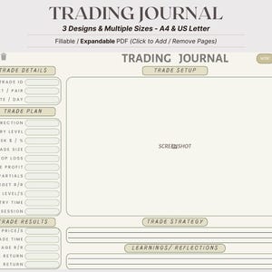 Diario de trading rellenable en PDF / Registro de operaciones de Forex, acciones y criptomonedas / Tamaño A4 y carta EE. UU. / Estilo claro