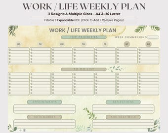 Work Life Weekly Planner | Fillable PDF, A4 & US Letter (Digital Download)