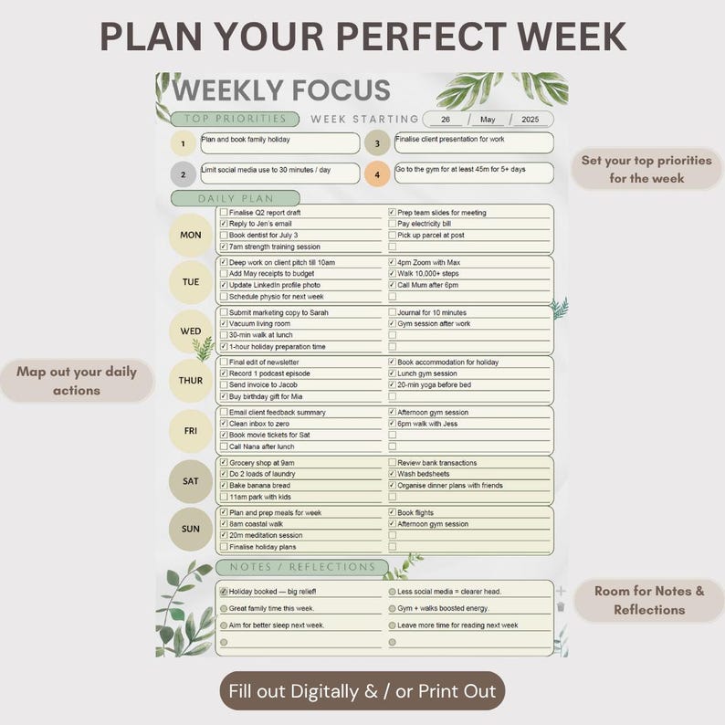 Printable Weekly Planner Template – Fillable PDF, A4/A5/US Letter - Etsy