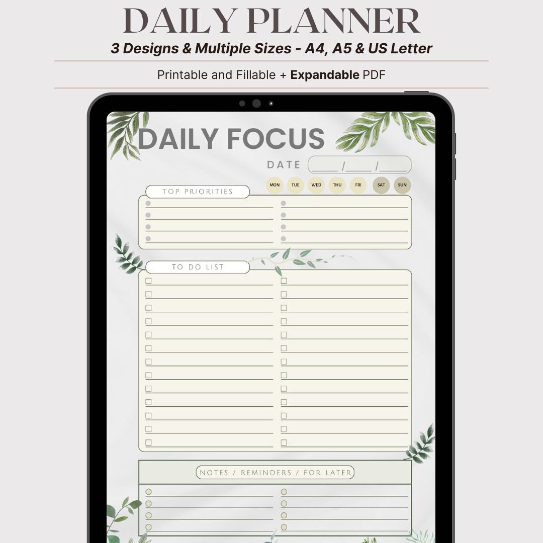 Daily Focus Planner | Printable, Fillable PDF | A4, A5, US Letter ...
