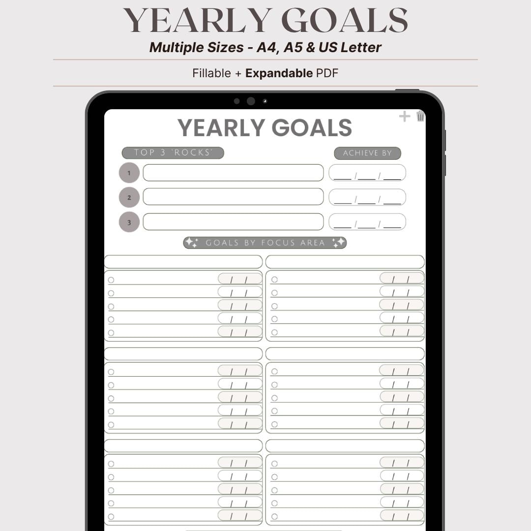 Yearly Goal Setting Template Printable Fillable PDF Planner Black