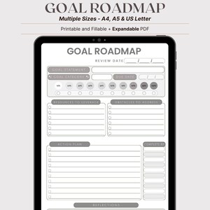 Planificador de objetivos en PDF: plantilla imprimible y rellenable para establecer objetivos / Tamaño A4 / A5 / Seguimiento del progreso + Plan de acción / Diseño blanco