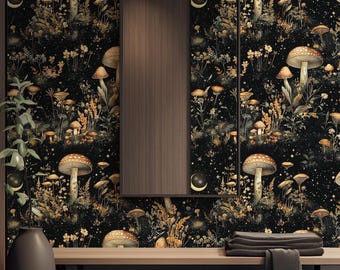 Magical Nighttime Mushroom and Floral Watercolor Wallpaper - Dark Floral Decor | Peel and Stick Wallpaper | Canvas Peel and Stick Wallpaper
