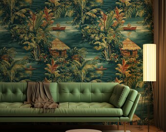 Tropical Paradise Wallpaper - Canoe Scenery for a Natural Aesthetic | Peel and Stick Wallpaper | Canvas Peel and Stick Wallpaper