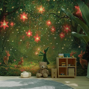 Enchanted Forest Wallpaper - Starry Night and Woodland Creatures | Peel and Stick Wallpaper | Canvas Peel and Stick Wallpaper
