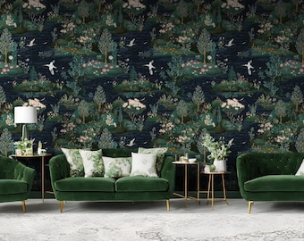 Enchanted Forest Wallpaper with Floral Islands and Birds on a Dark Background | Peel and Stick Wallpaper | Canvas Peel and Stick Wallpaper
