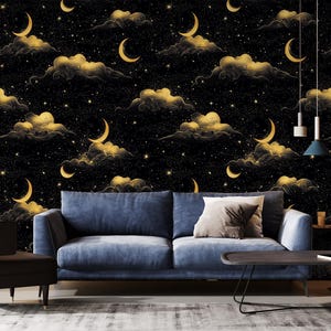 Golden Cerscent Moon & Cloud Sky Wallpaper - Elegant Starry Design | Peel and Stick Wallpaper | Canvas Peel and Stick Wallpaper