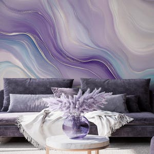 Purple Marble Abstract Wallpaper - Fluid Art Wall Mural in Lavender&Blue | Peel and Stick Wallpaper | Canvas Peel and Stick Wallpaper