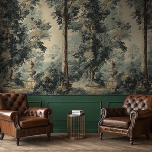 Vintage Landscape Wallpaper - Soft Green and Beije Botanical Garden Wall Mural | Peel and Stick Wallpaper | Canvas Peel and Stick Wallpaper