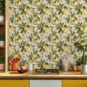 Vintage Lemon Tree Wallpaper - Yellow and Green Citrus Pattern Wall Mural | Peel and Stick Wallpaper | Canvas Peel and Stick Wallpaper