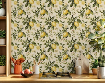 Vintage Lemon Tree Wallpaper: Citrus Pattern Peel and Stick Wall Mural