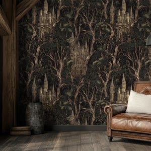 Whimsical Dark Forest Castle Wall Mural | Peel and Stick Wallpaper | Canvas Peel and Stick Wallpaper