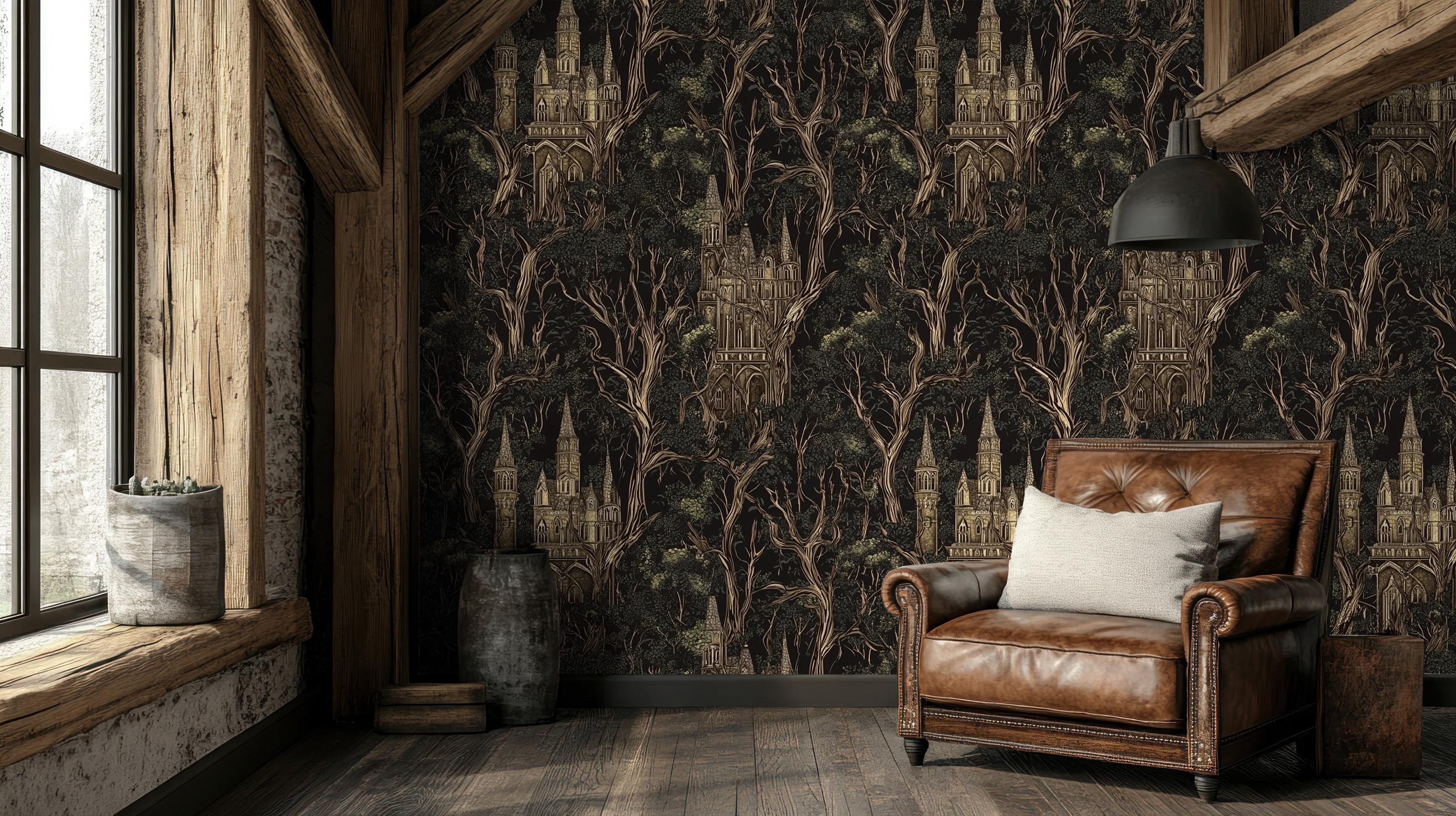 Whimsical Dark Forest Castle Wall Mural | Peel and Stick Wallpaper | Canvas Peel and Stick Wallpaper