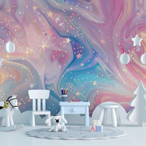 Pode incluir: Um cavalo de balanço branco com crina e cauda marrons, uma cadeira de balanço branca, um banquinho branco, uma árvore de Natal branca, uma mesa azul com uma gaveta, um animal de pelúcia branco e um tapete branco em forma de nuvem na frente de um fundo abstrato de redemoinho rosa, azul e amarelo com estrelas brancas.