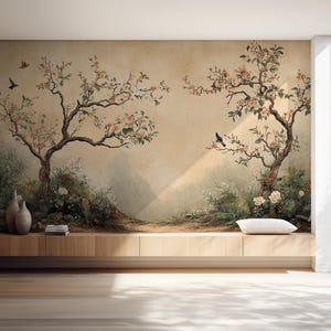 Carta da parati floreale con uccelli - Arte murale ispirata alla natura serena / Carta da parati staccabile e adesiva / Carta da parati staccabile e adesiva su tela