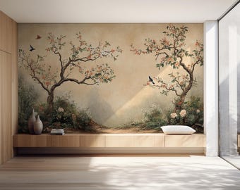 Floral Blossom Wallpaper with Birds - Serene Nature-Inspired Wall Art | Peel and Stick Wallpaper | Canvas Peel and Stick Wallpaper