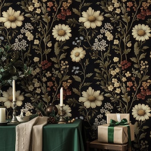 Carta da parati floreale vintage con margherite e fiori di campo su sfondo nero / Carta da parati staccabile e adesiva / Carta da parati staccabile e adesiva su tela