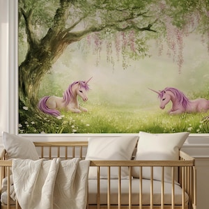 Carta da parati magica con unicorni nella foresta - Carta da parati fantasy rosa pastello per camerette per bambini / Carta da parati staccabile e adesiva / Carta da parati staccabile e adesiva su tela
