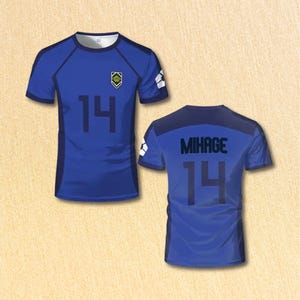 May include: Blue athletic jersey with the number 14 on the front and back. The front of the jersey has a small emblem and the back has the name "MIHAGE". The jersey has dark blue accents on the shoulders and sides.