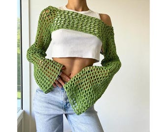 Crochet Bolero Shrug, Y2K Mesh Knit Sweater, Hollow Out Crop Top for Women