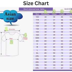May include: A size chart for short-sleeved shirts, labeled "Asian size." The chart includes measurements for shoulder, chest, length, and sleeve length in centimeters. Sizes range from 100 to 6XL.