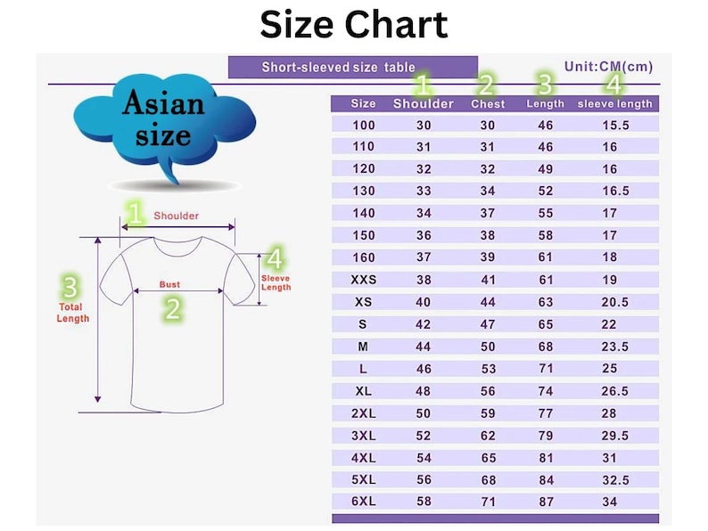 May include: A size chart for short-sleeved shirts, labeled "Asian size." The chart includes measurements for shoulder, chest, length, and sleeve length in centimeters. Sizes range from 100 to 6XL.