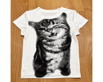 Y2K Cat T Shirt, Women White Crop Top, Slim Fit Animal Shirt, Short Sleeve | Grunge Graphic Tee