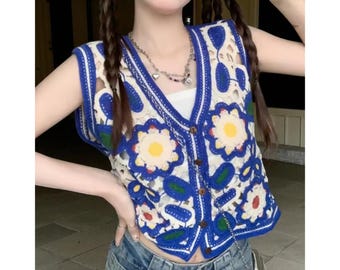 Floral Crochet Sweater, Open Knit Sweater Vest, Button Down Summer Tank | Y2K Sleeveless Top For Girls