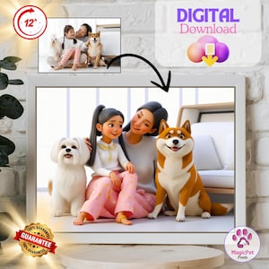 custom family portrait with pet cartoon, cartoon cat dog portrait, wall art for pet lovers, digital downloads