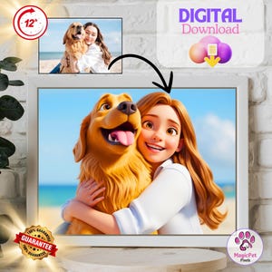portrait de chien de dessin animé personnalisé, chien de dessin animé et portrait de son propriétaire, art mural pour les amateurs d'animaux de compagnie, téléchargements numériques