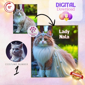 Custom cartoon royal cat portrait, cartoon cat dog portrait, wall art for pet lovers, digital downloads