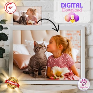 custom cartoon cat and owner portrait, cartoon cat and owner  portrait, wall art for pet lovers, digital downloads