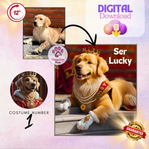 Portrait de chien royal de dessin animé personnalisé, portrait de chien chat dessin animé, art mural pour les amateurs d'animaux de compagnie, téléchargements numériques