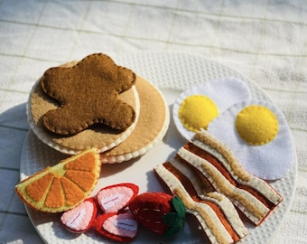 Vilten ontbijtset met speelvoedsel, montessori-geïnspireerde fantasiespel Pannenkoeken, eieren, spek en fruit voor peuters
