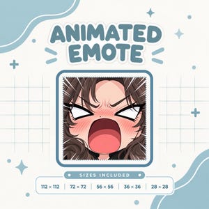 Puede incluir: Un emote animado que muestra un personaje de dibujos animados con cabello castaño, ojos blancos grandes y una boca grande abierta, expresando emoción intensa. El texto dice ANIMATED EMOTE y SIZES INCLUDED con dimensiones 112x112, 72x72, 56x56, 36x36 y 28x28.