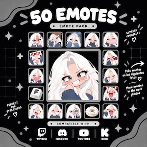 May include: A digital emote pack featuring 50 illustrations of a character with long white hair and various expressions. The collection includes icons with text like RAID and F, plus symbols like a donut, all displayed on a black background with platform logos.
