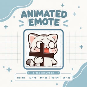 Puede incluir: Un emote animado que muestra un gato blanco con manchas grises sosteniendo una cruz marrón oscura. El texto dice ANIMATED EMOTE y SIZES INCLUDED con dimensiones 112x112, 72x72, 56x56, 36x36 y 28x28. El diseño utiliza una paleta de azul claro y blanco.