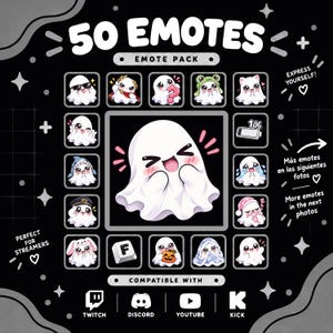 Könnte beinhalten: Ein digitales Emote-Paket mit 50 geisterhaften Illustrationen auf schwarzem Hintergrund. Die Sammlung enthält verschiedene Ausdrücke und Accessoires für Geister, mit Textbeschriftungen wie 50 EMOTES, EMOTE PACK sowie Logos für Twitch, Discord, YouTube und Kick.
