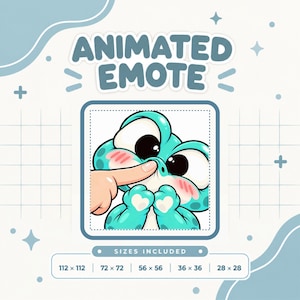 Peut inclure: Une émoticône animée représentant une grenouille sarcelle aux grands yeux noirs et aux joues roses dont le nez est touché par un doigt. Le graphique inclut le texte ANIMATED EMOTE et SIZES INCLUDED avec les dimensions 112x112, 72x72, 56x56, 36x36 et 28x28.